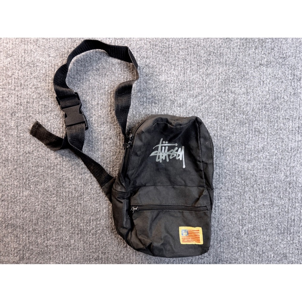 Stussy Vintage Black Sling Bag Crossbody Streetwear USA Flag Logo Y2K Flaws
